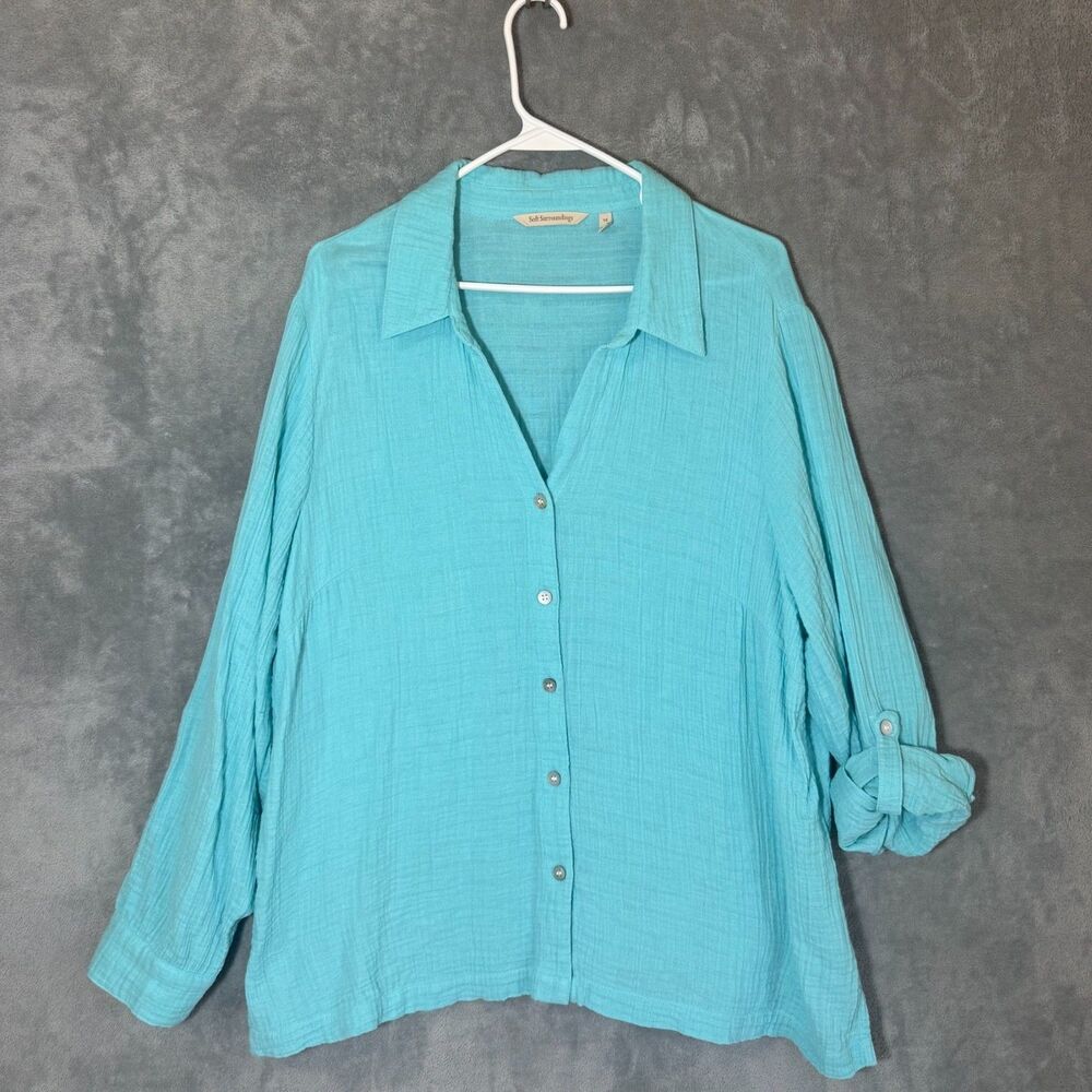 Soft Surroundings Top Plus 1X Aqua Blue Cotton Gauze Button Roll Tab Sleeves